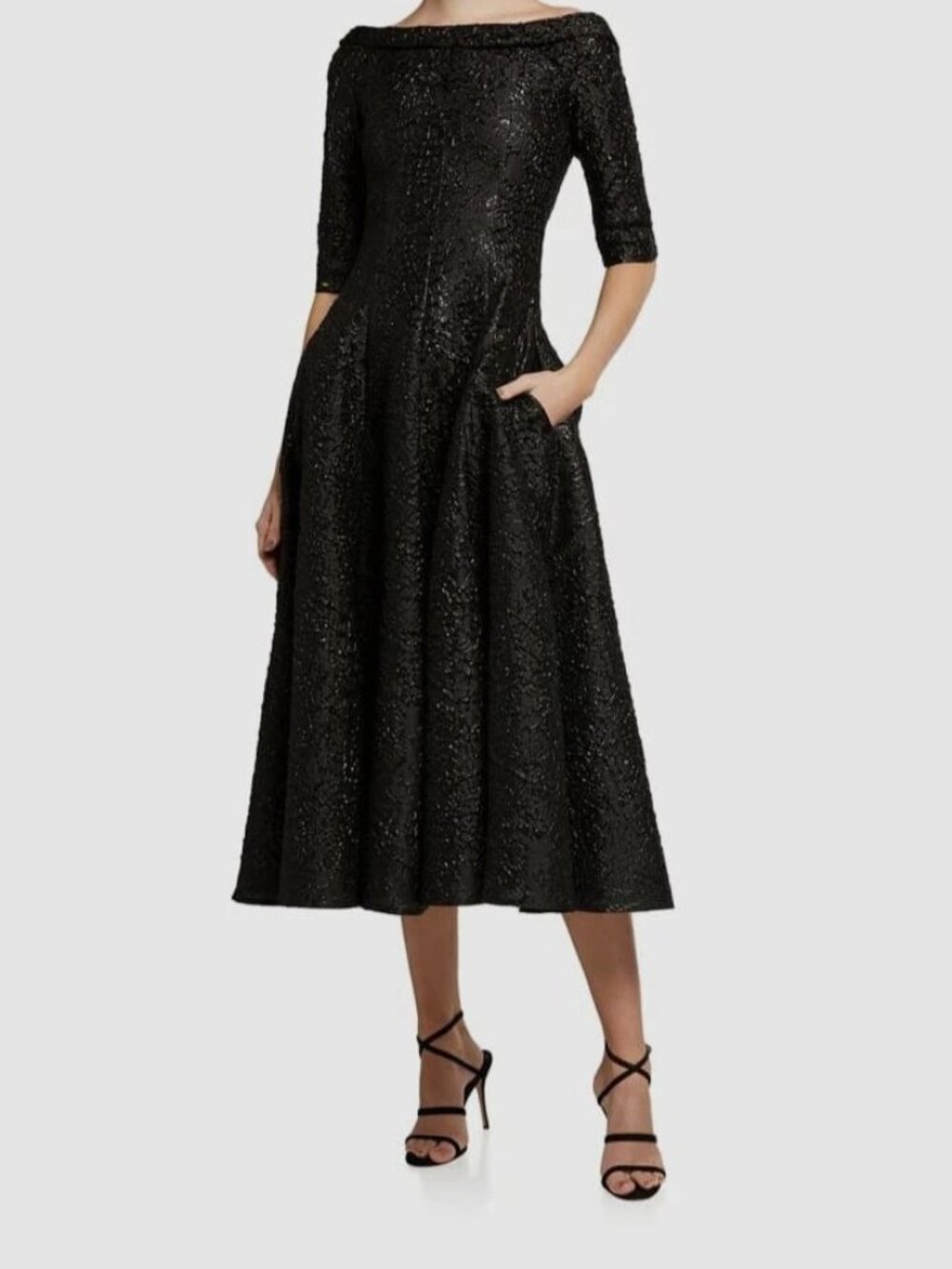 Talbot Runhof Women's Black Silk Jacquard Off-The-Shoulder Tomini Dress Size 10